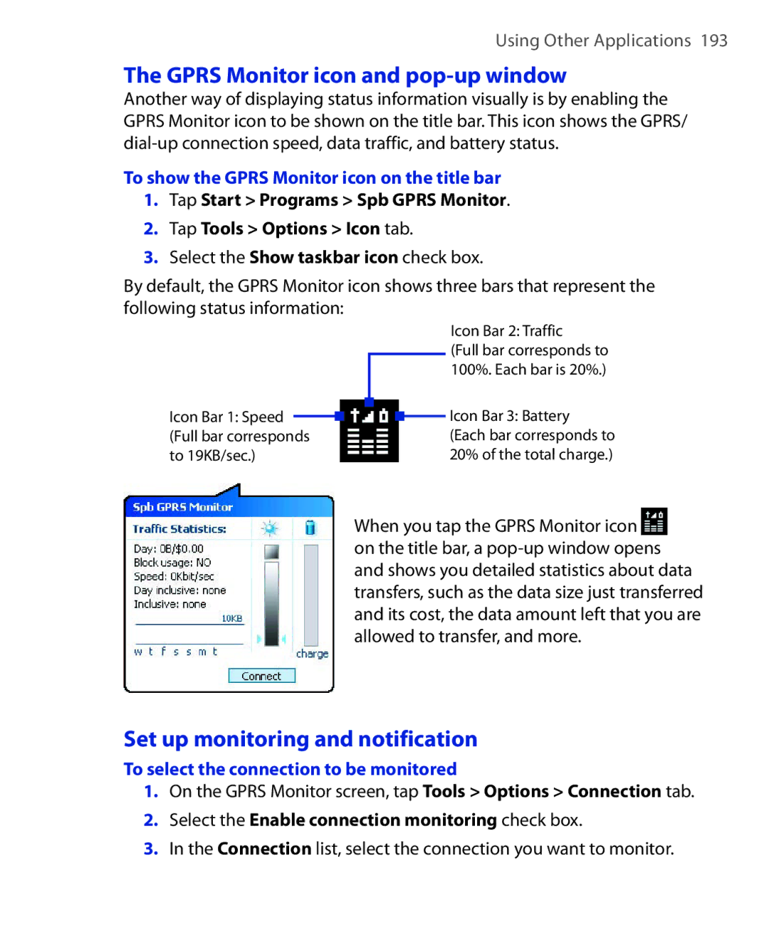 HTC ELF0100 user manual Gprs Monitor icon and pop-up window, Set up monitoring and notification 