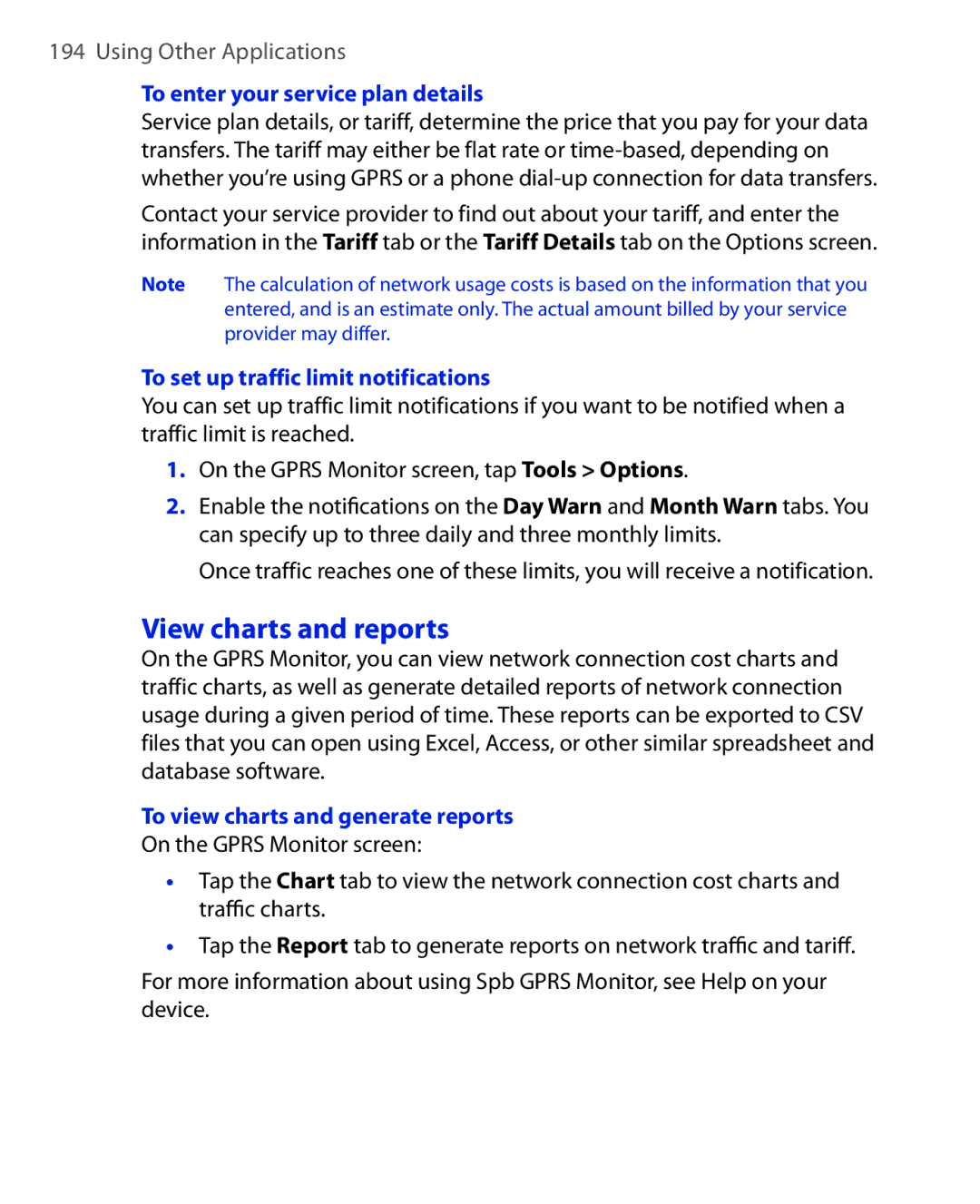 HTC ELF0100 user manual View charts and reports, To enter your service plan details, To set up traffic limit notifications 