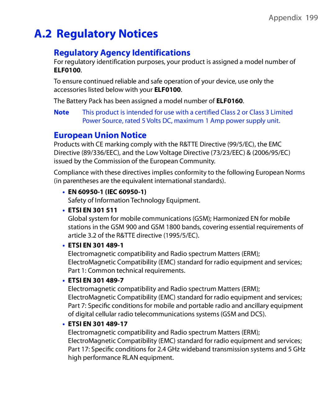 HTC ELF0100 user manual Regulatory Agency Identifications 