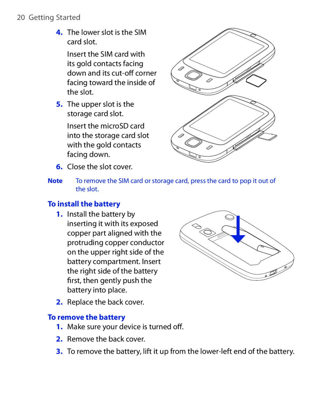 HTC ELF0100 user manual To install the battery, Replace the back cover, To remove the battery 