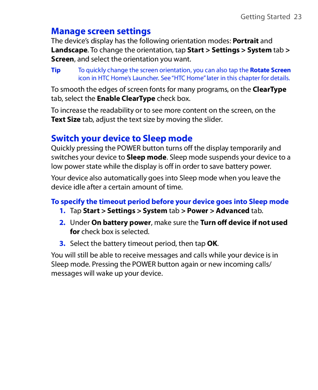 HTC ELF0100 user manual Manage screen settings, Switch your device to Sleep mode 