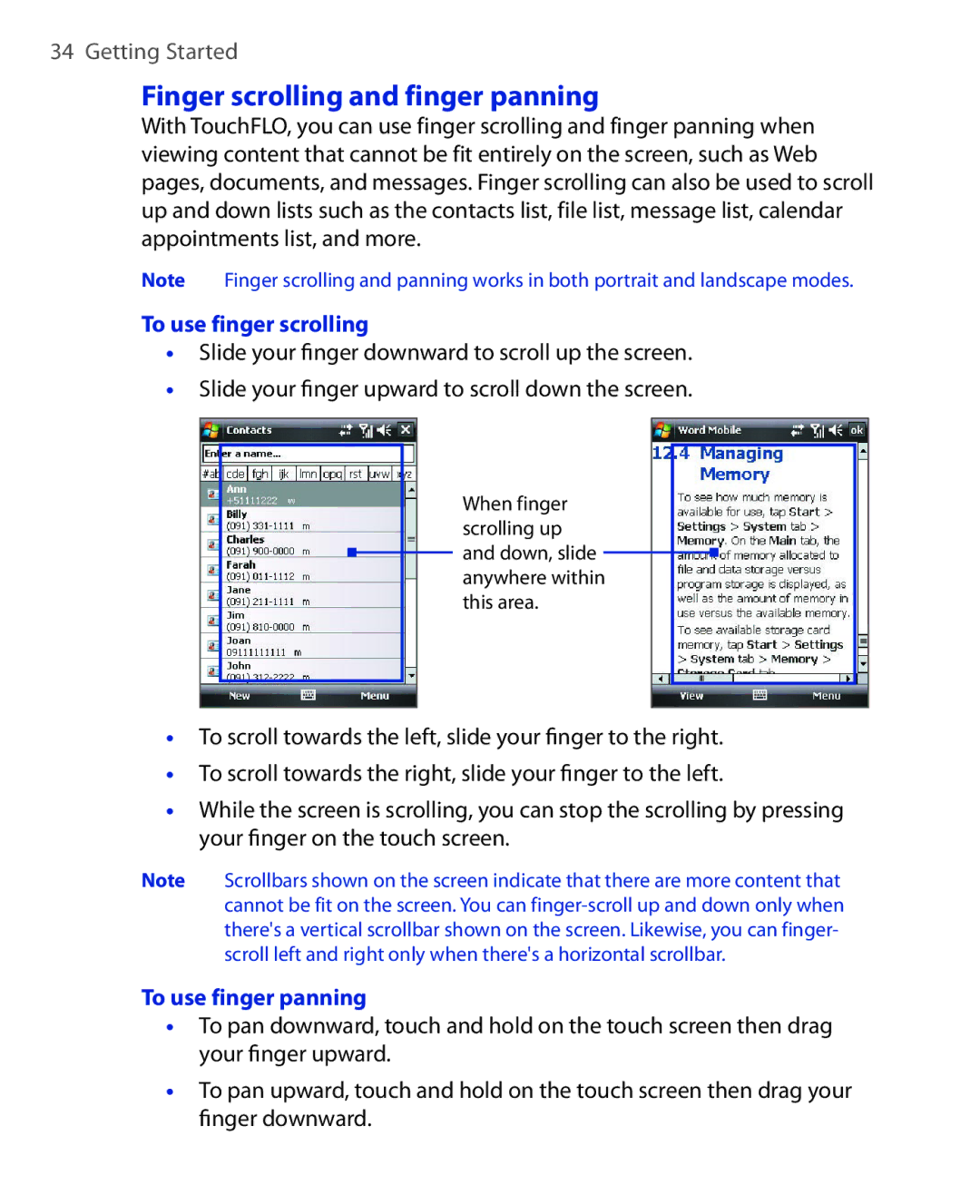 HTC ELF0100 user manual Finger scrolling and finger panning, To use finger scrolling, To use finger panning 