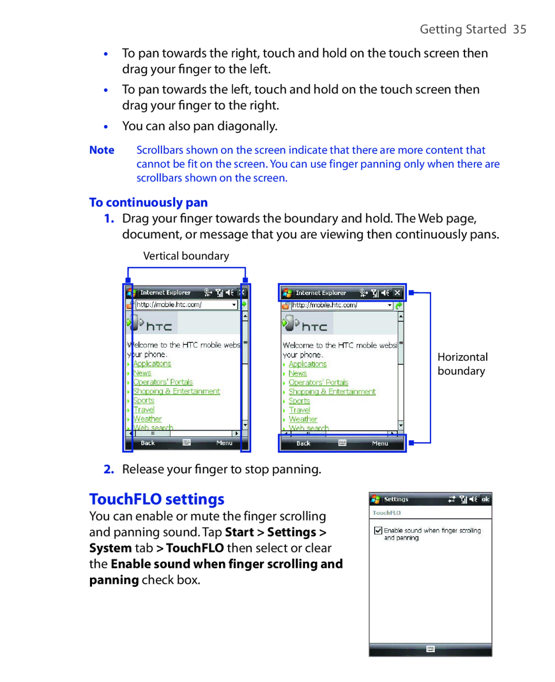 HTC ELF0100 user manual TouchFLO settings, To continuously pan, Release your ﬁnger to stop panning 