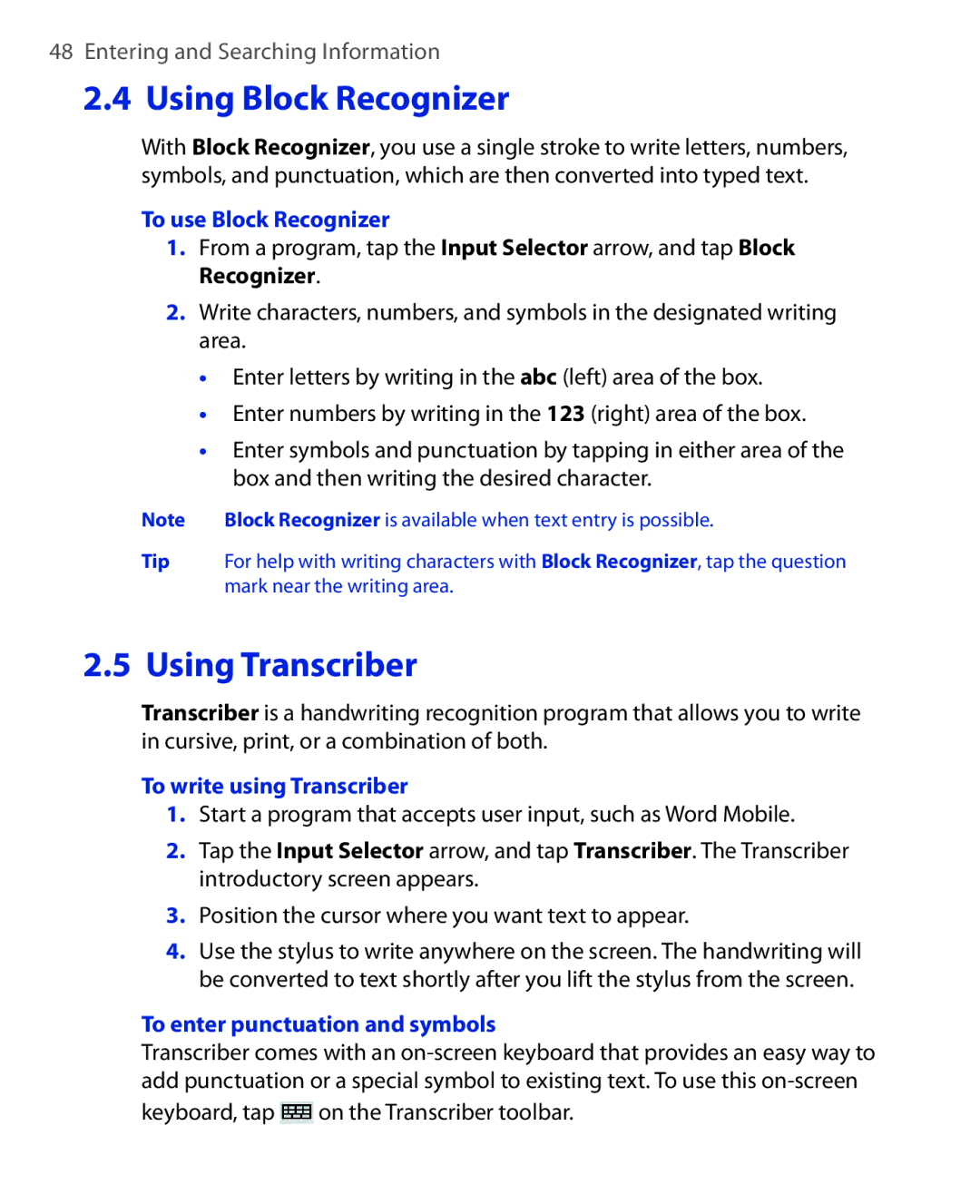 HTC ELF0100 user manual To use Block Recognizer, To write using Transcriber, To enter punctuation and symbols 