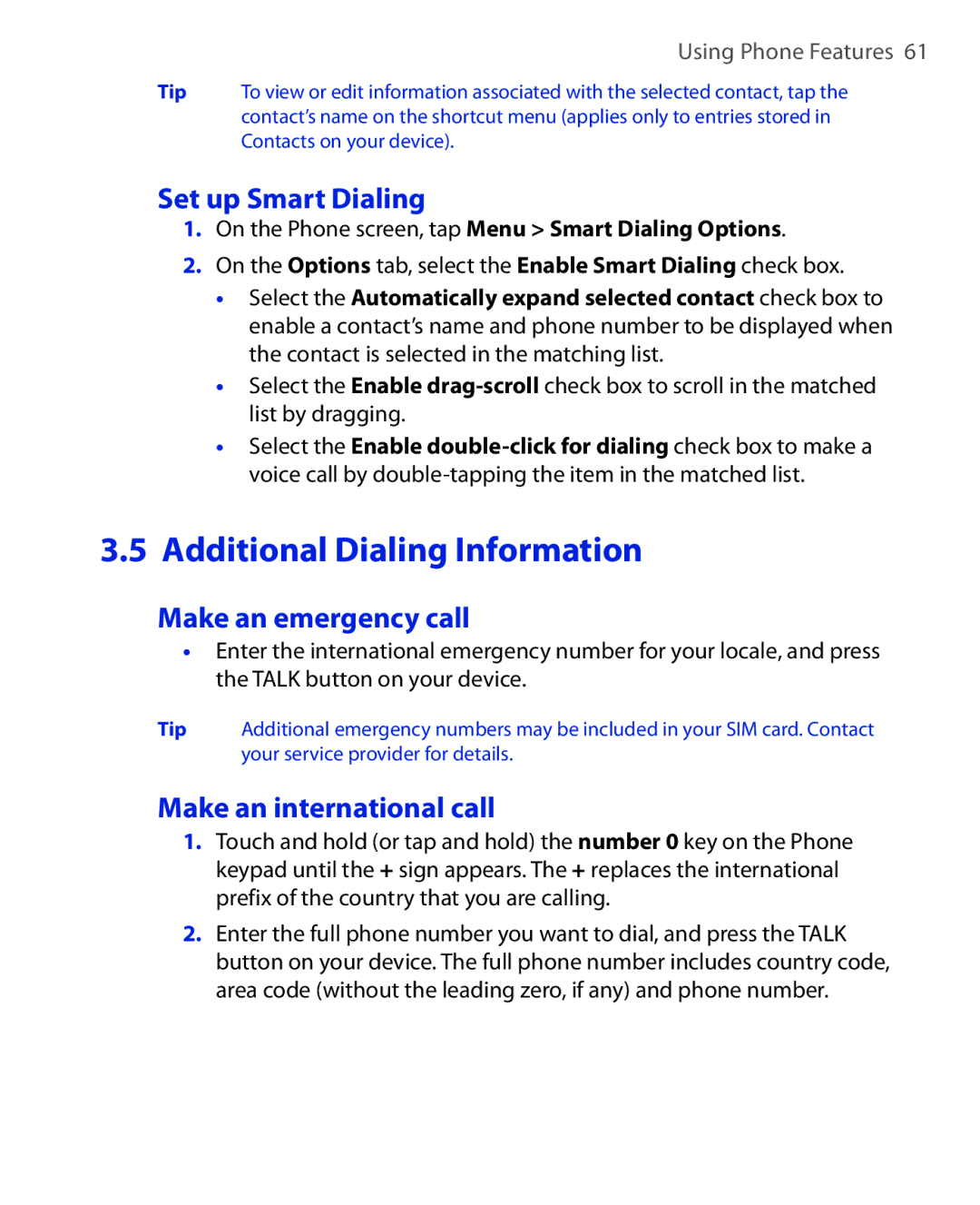 HTC ELF0100 user manual Set up Smart Dialing, Make an emergency call, Make an international call 