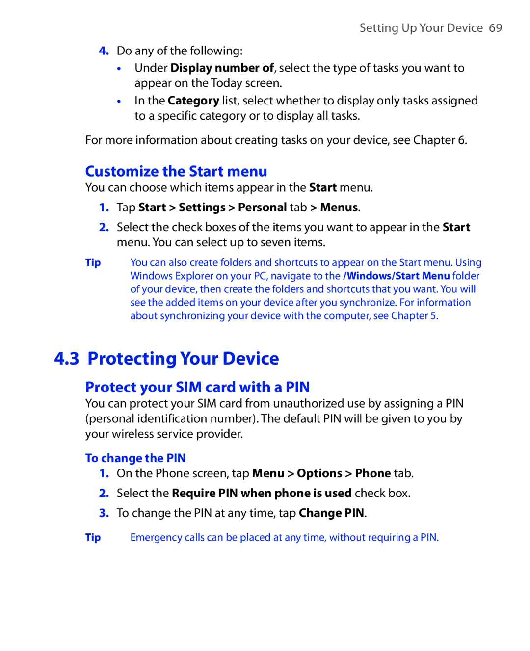 HTC ELF0100 user manual Customize the Start menu, Protect your SIM card with a PIN, Tap Start Settings Personal tab Menus 