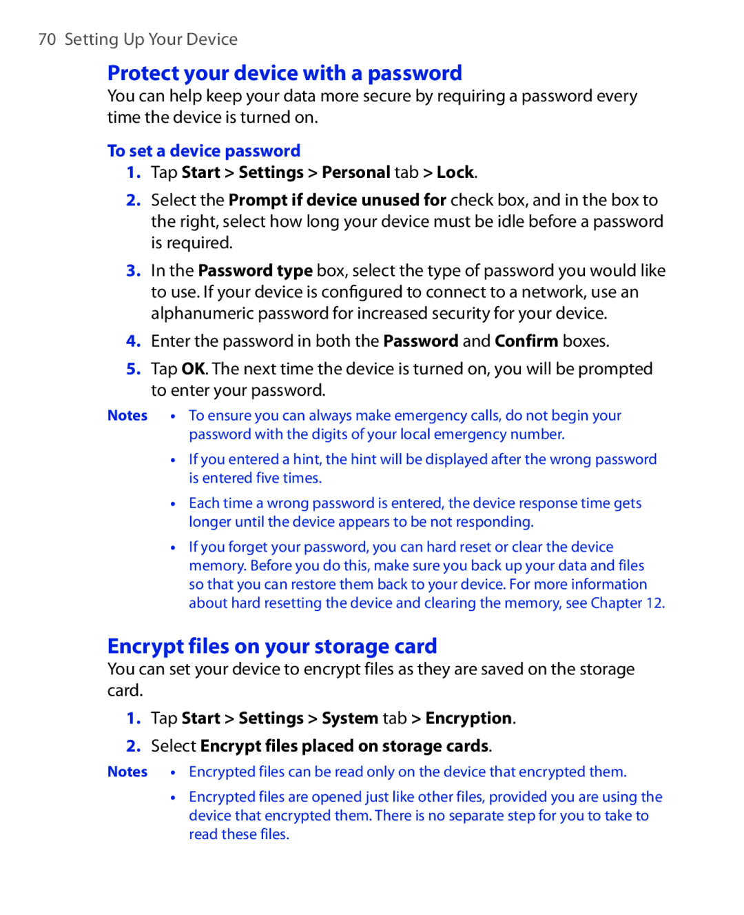 HTC ELF0100 user manual Protect your device with a password, Encrypt files on your storage card, To set a device password 