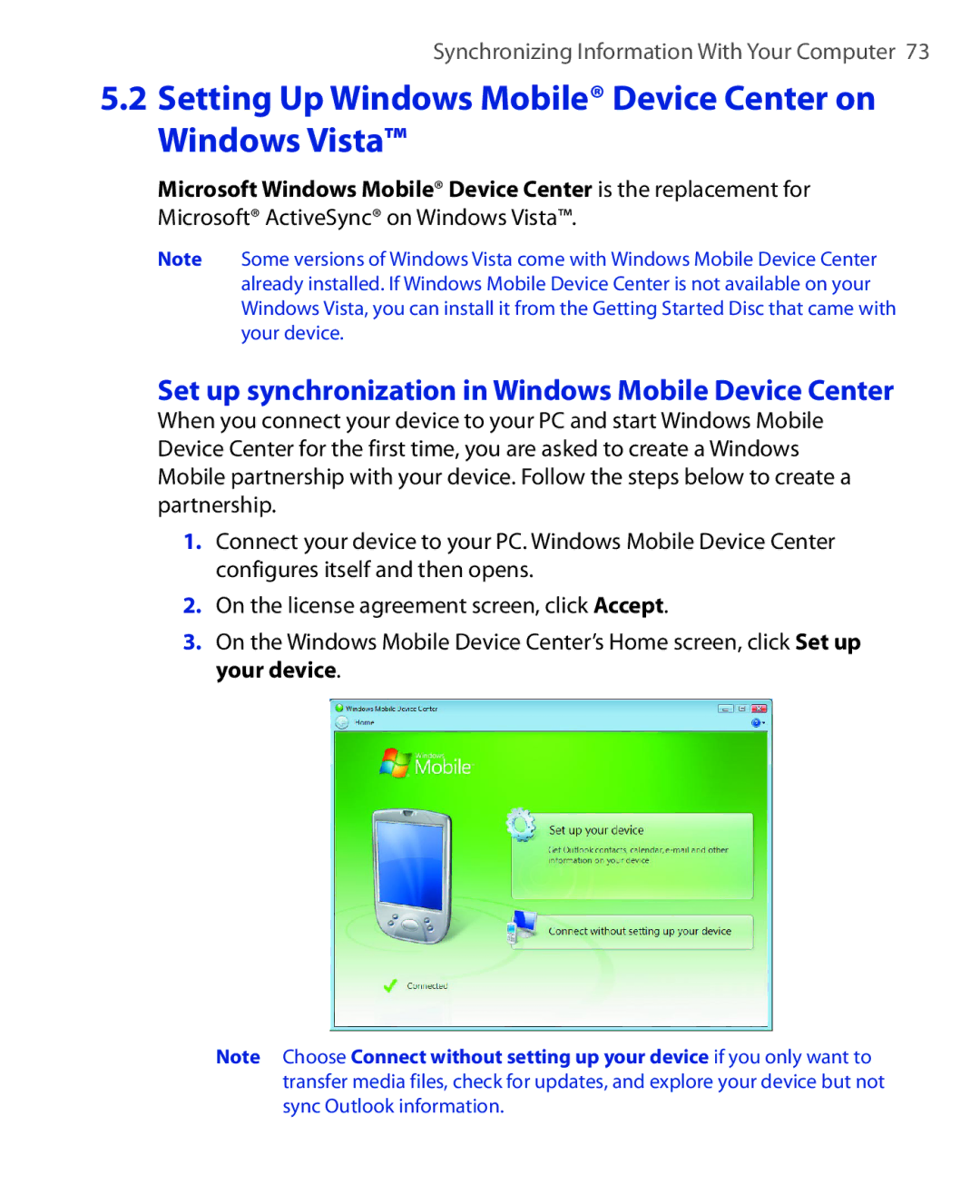 HTC ELF0100 user manual Setting Up Windows Mobile Device Center on Windows Vista 