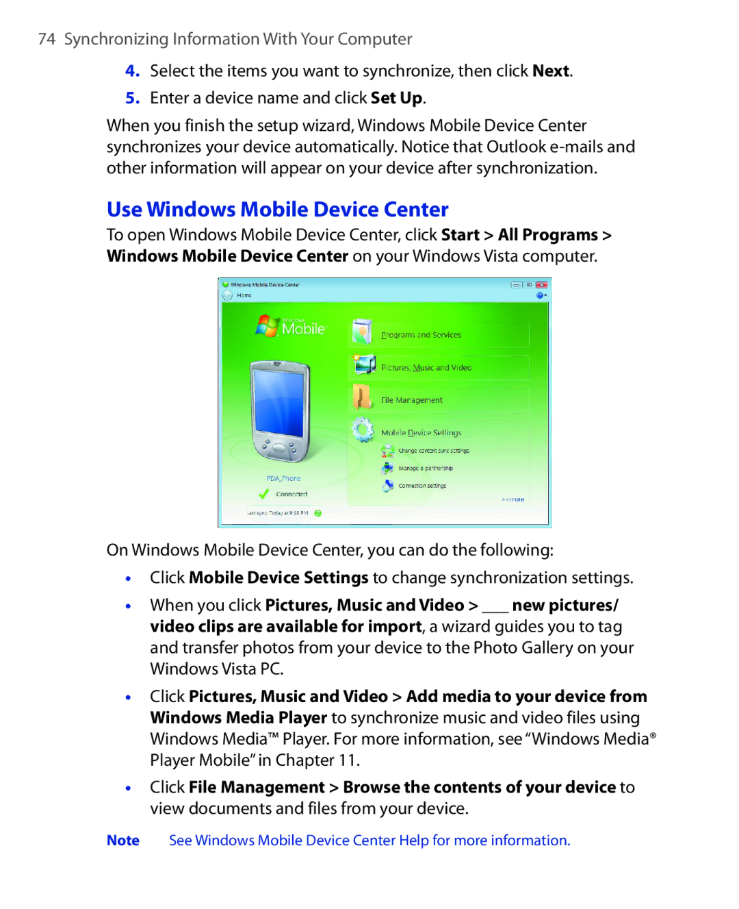 HTC ELF0100 user manual Use Windows Mobile Device Center 