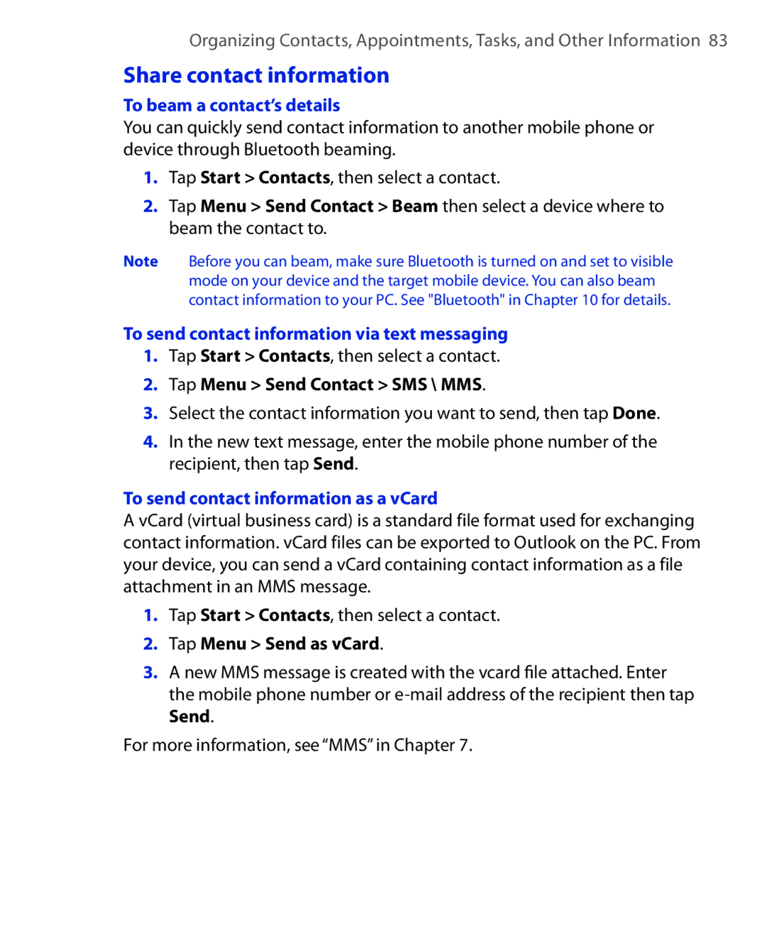 HTC ELF0100 Share contact information, To beam a contact’s details, To send contact information via text messaging 