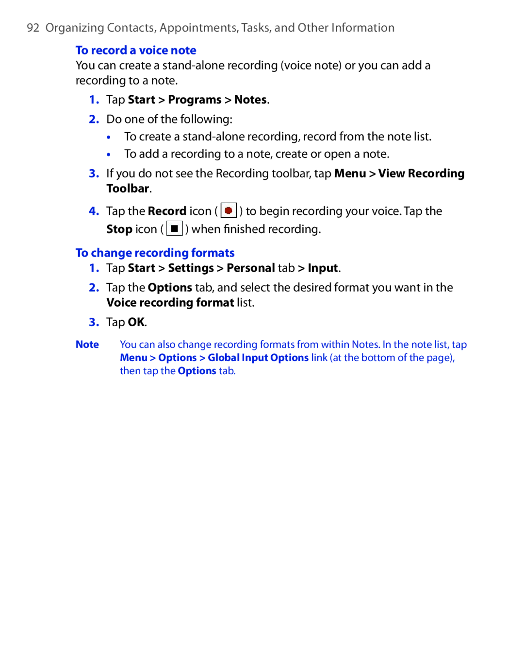HTC ELF0100 user manual To record a voice note, To change recording formats, Tap Start Settings Personal tab Input 