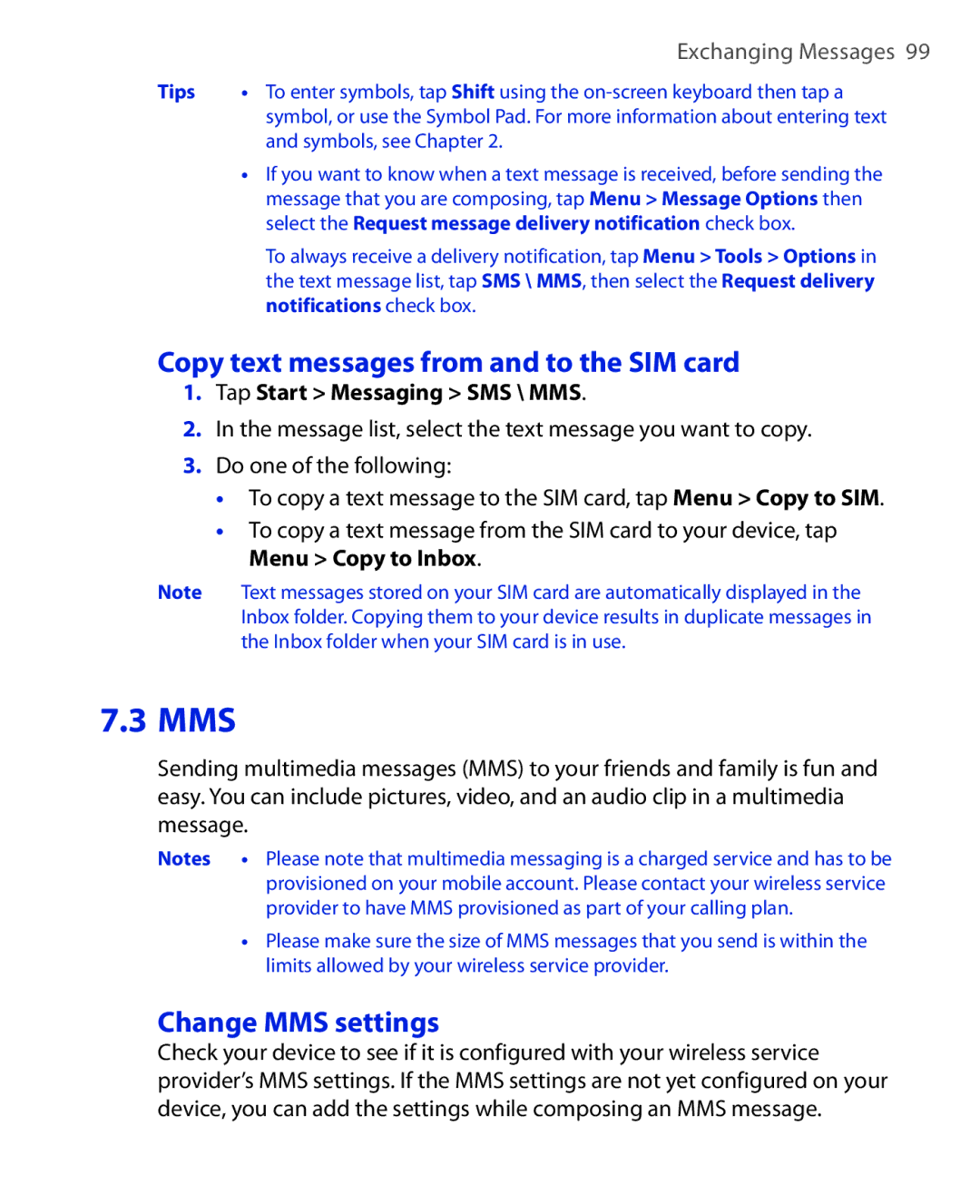 HTC ELF0100 user manual Copy text messages from and to the SIM card, Change MMS settings, Tap Start Messaging SMS \ MMS 