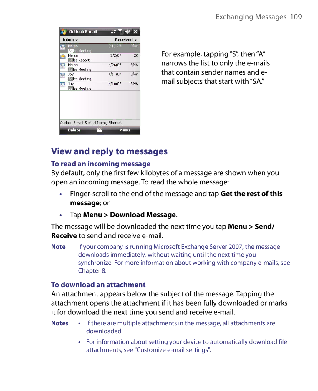 HTC ELF0160 View and reply to messages, To read an incoming message, Tap Menu Download Message, To download an attachment 