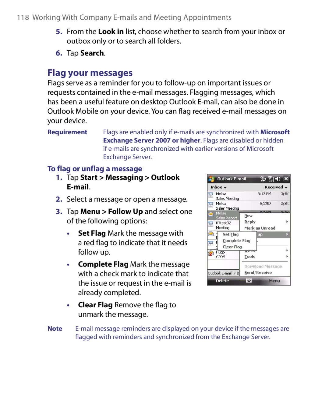 HTC ELF0160 user manual Flag your messages, Tap Search, To flag or unflag a message 