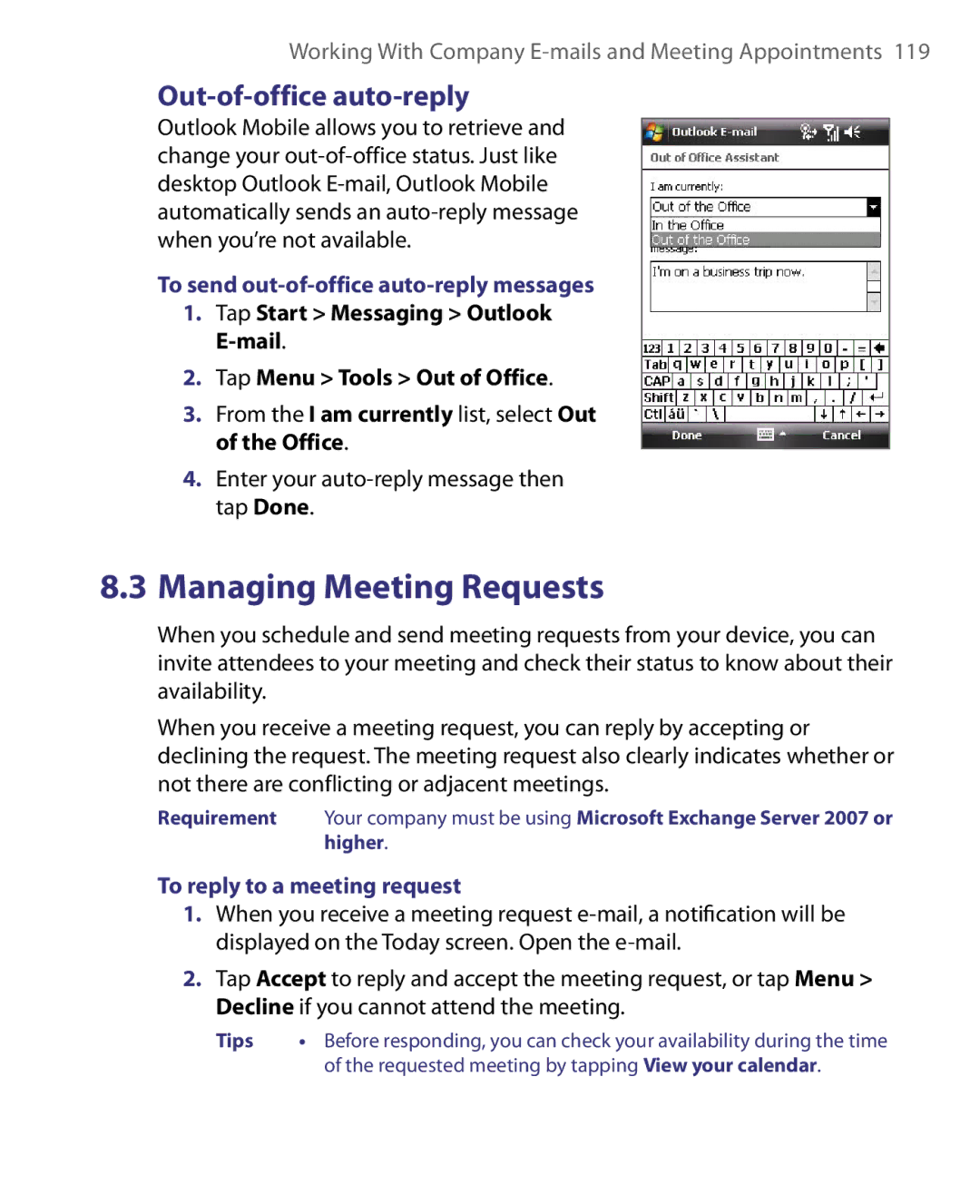 HTC ELF0160 user manual Out-of-office auto-reply, To send out-of-office auto-reply messages, To reply to a meeting request 