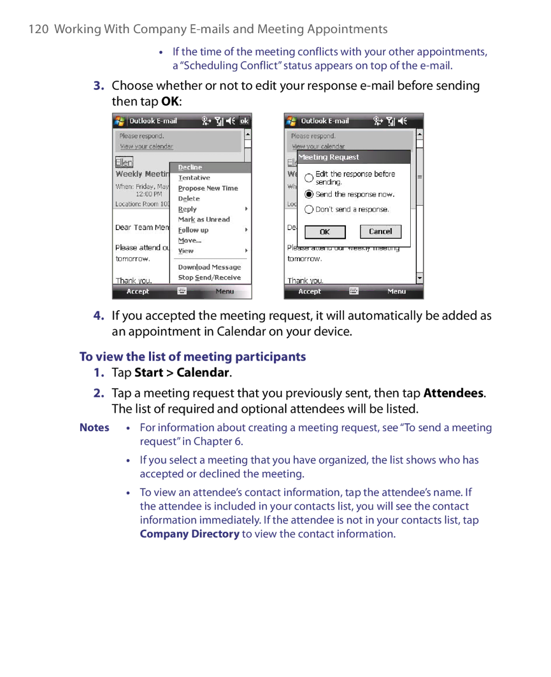 HTC ELF0160 user manual To view the list of meeting participants, Tap Start Calendar 