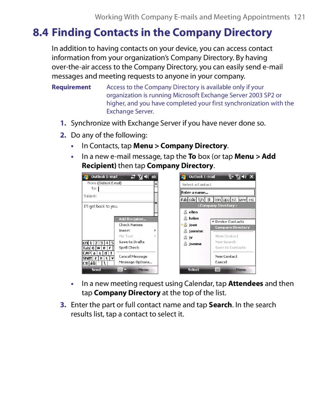 HTC ELF0160 user manual Finding Contacts in the Company Directory, Contacts, tap Menu Company Directory 