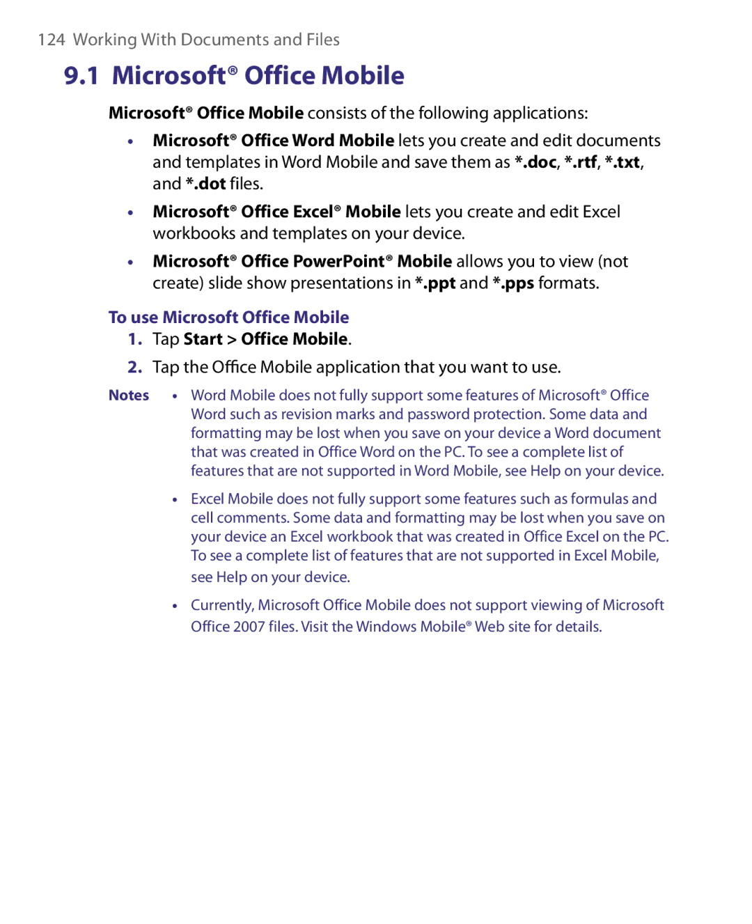 HTC ELF0160 user manual To use Microsoft Office Mobile, Tap Start Office Mobile 