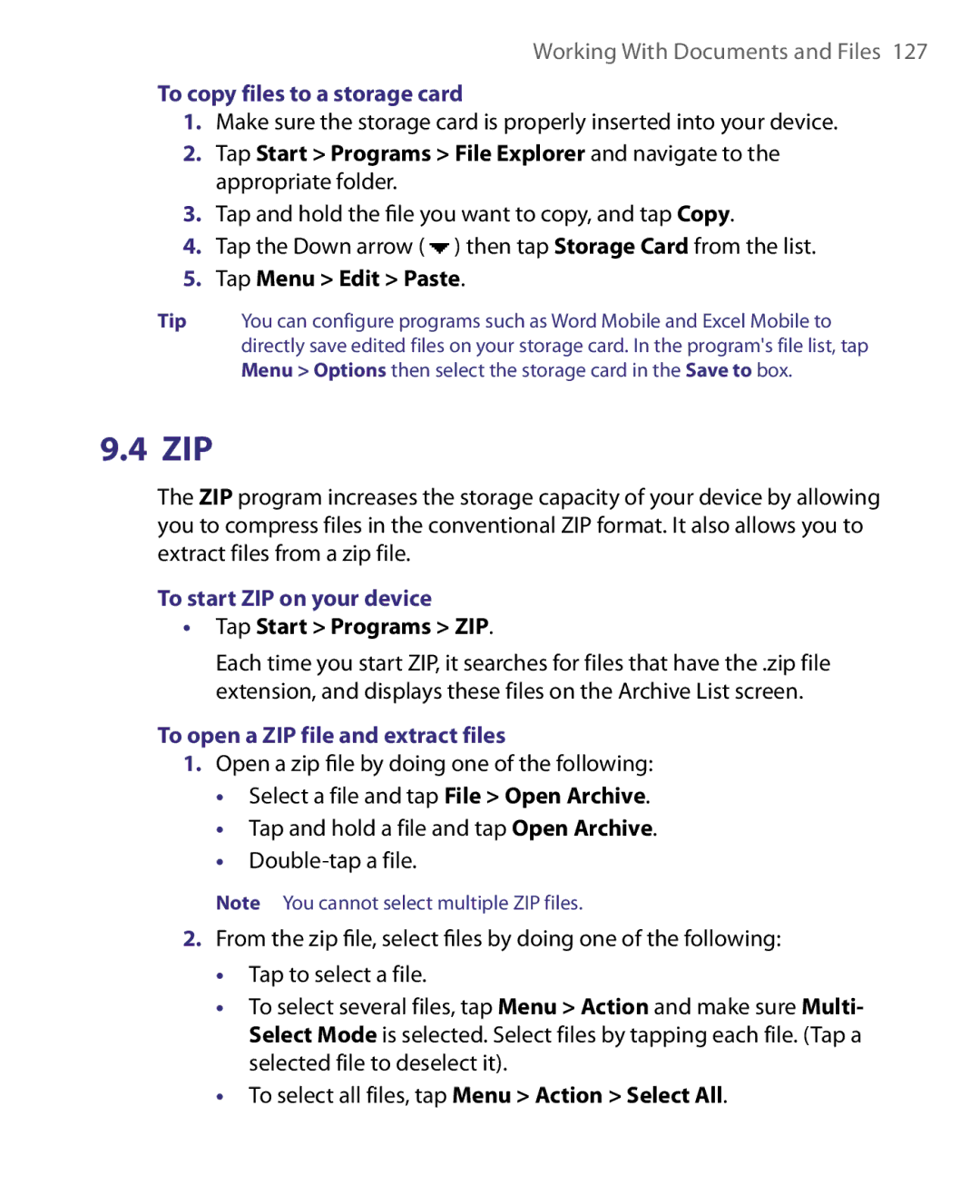 HTC ELF0160 To copy files to a storage card, Tap Menu Edit Paste, To start ZIP on your device, Tap Start Programs ZIP 