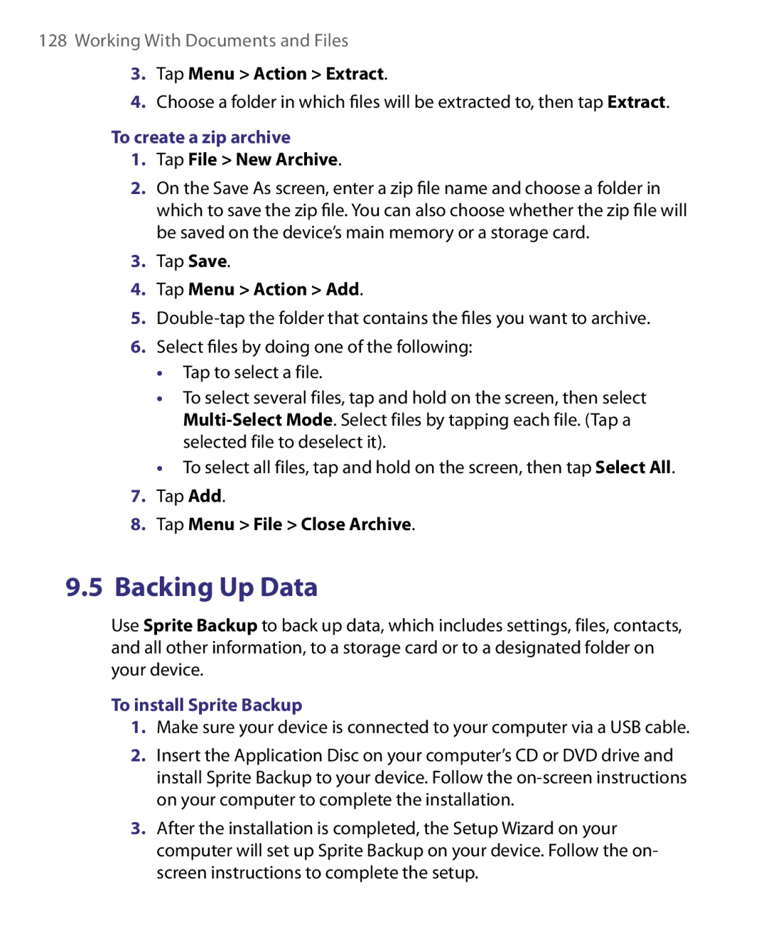 HTC ELF0160 user manual To create a zip archive, To install Sprite Backup 