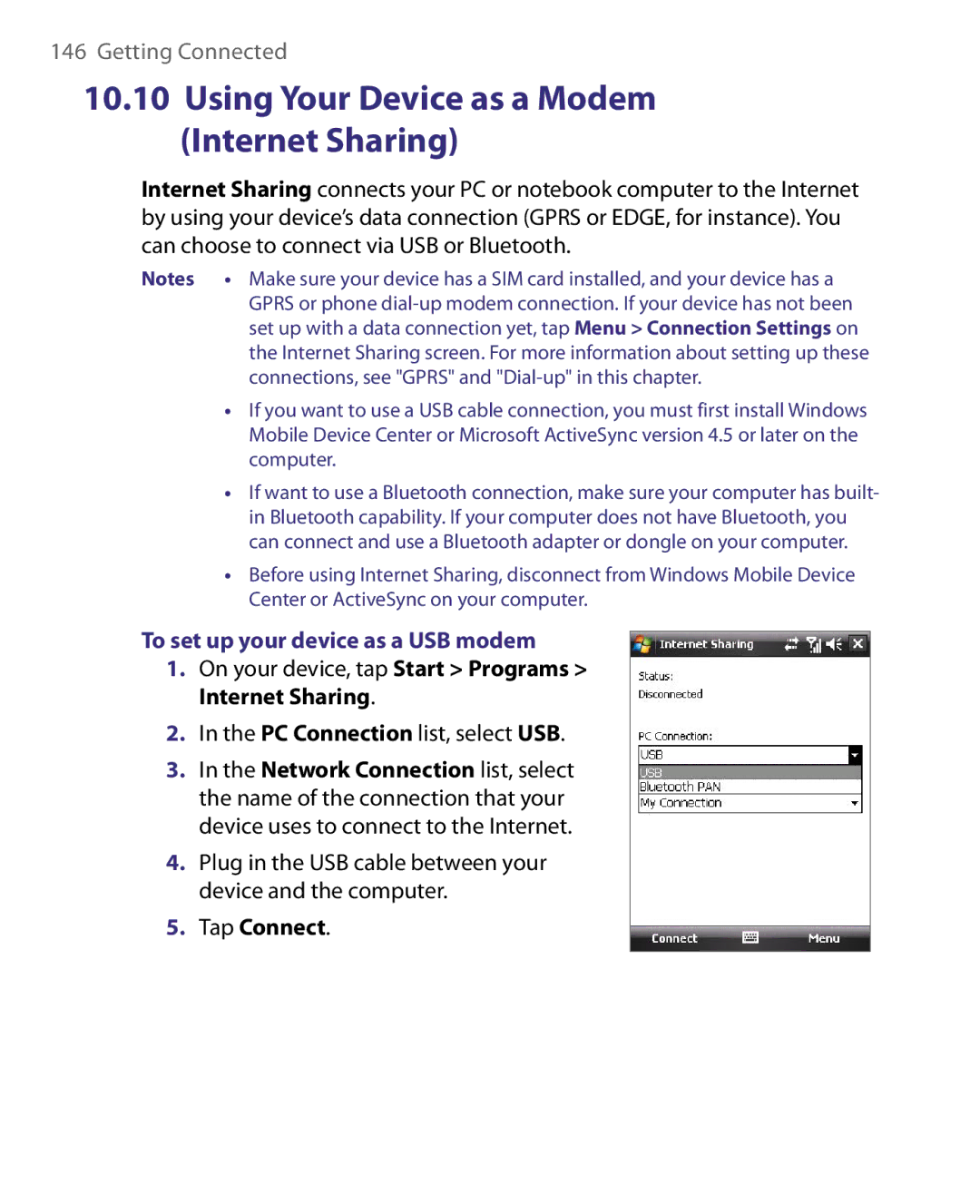 HTC ELF0160 user manual Using Your Device as a Modem Internet Sharing, To set up your device as a USB modem, Tap Connect 