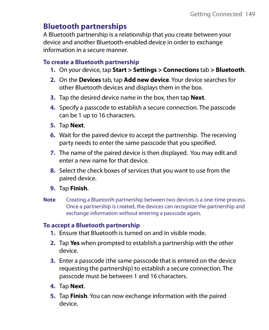 HTC ELF0160 user manual Bluetooth partnerships, To create a Bluetooth partnership, To accept a Bluetooth partnership 