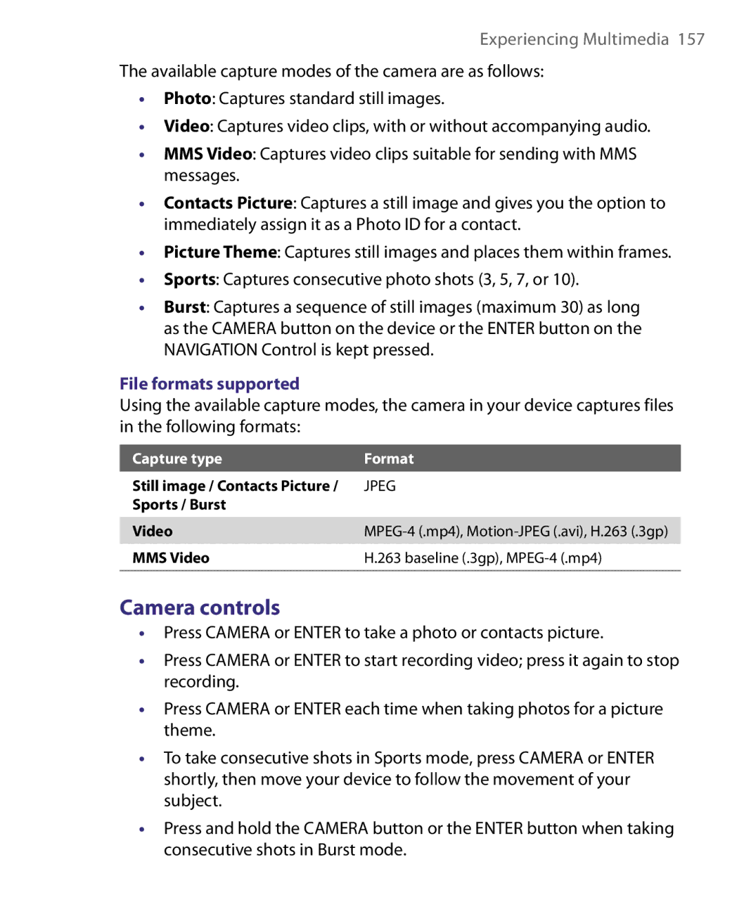 HTC ELF0160 user manual Camera controls, File formats supported 