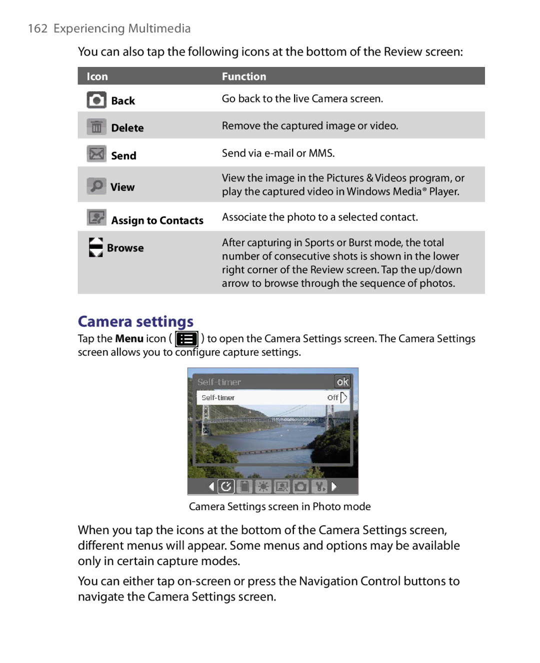 HTC ELF0160 user manual Camera settings, Icon Function 