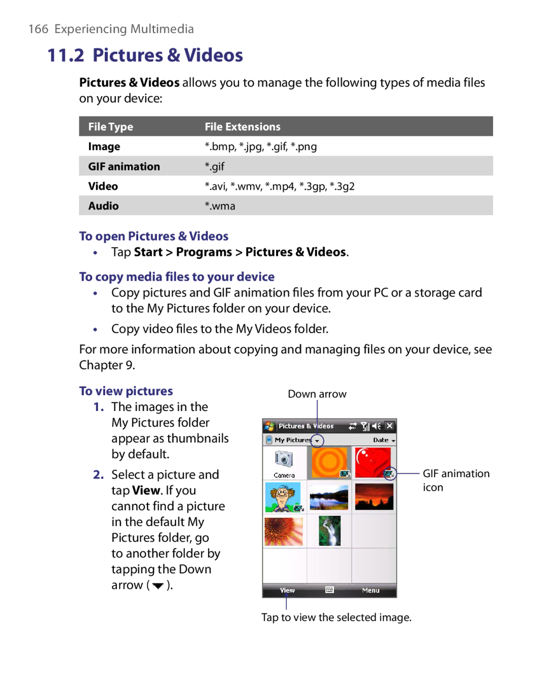 HTC ELF0160 user manual To open Pictures & Videos, Tap Start Programs Pictures & Videos, To copy media files to your device 