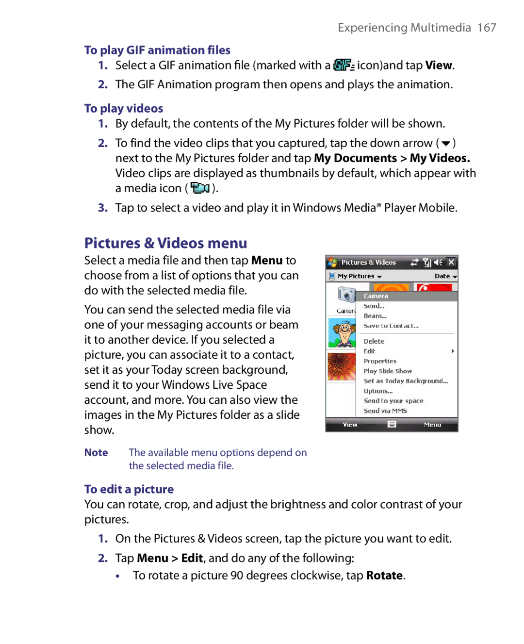 HTC ELF0160 user manual Pictures & Videos menu, To play GIF animation files, To play videos, To edit a picture 