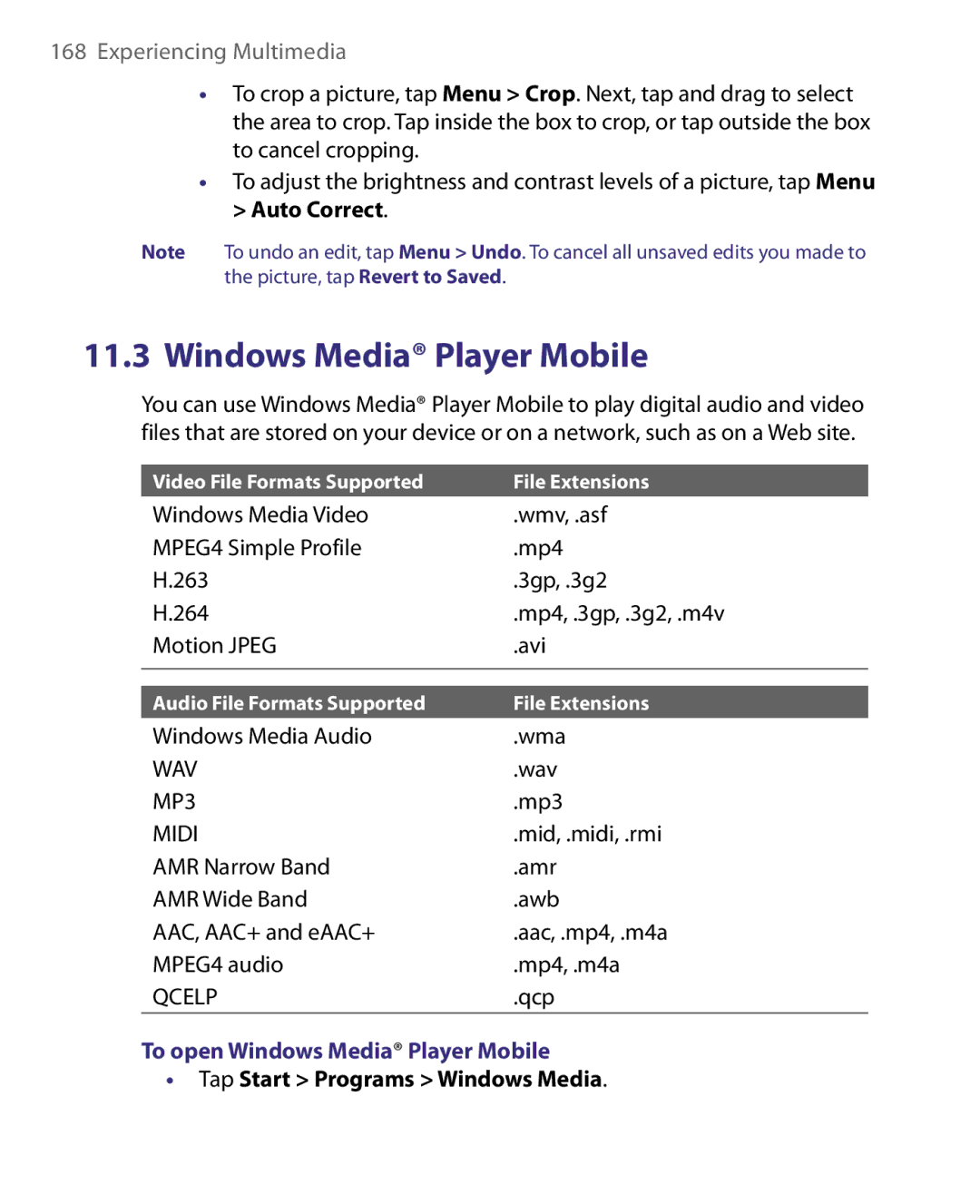 HTC ELF0160 user manual To open Windows Media Player Mobile, Tap Start Programs Windows Media 