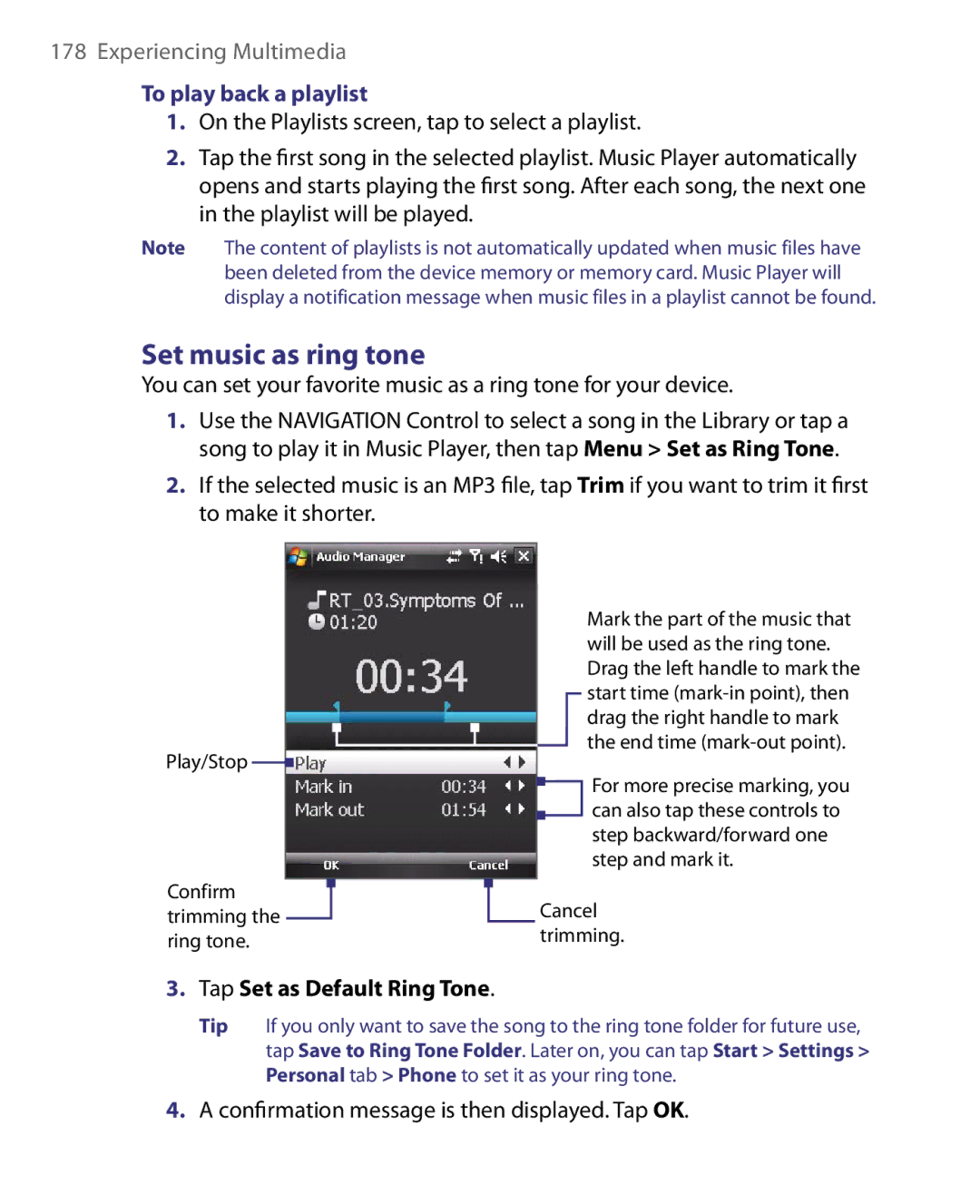 HTC ELF0160 user manual Set music as ring tone, To play back a playlist, Tap Set as Default Ring Tone 