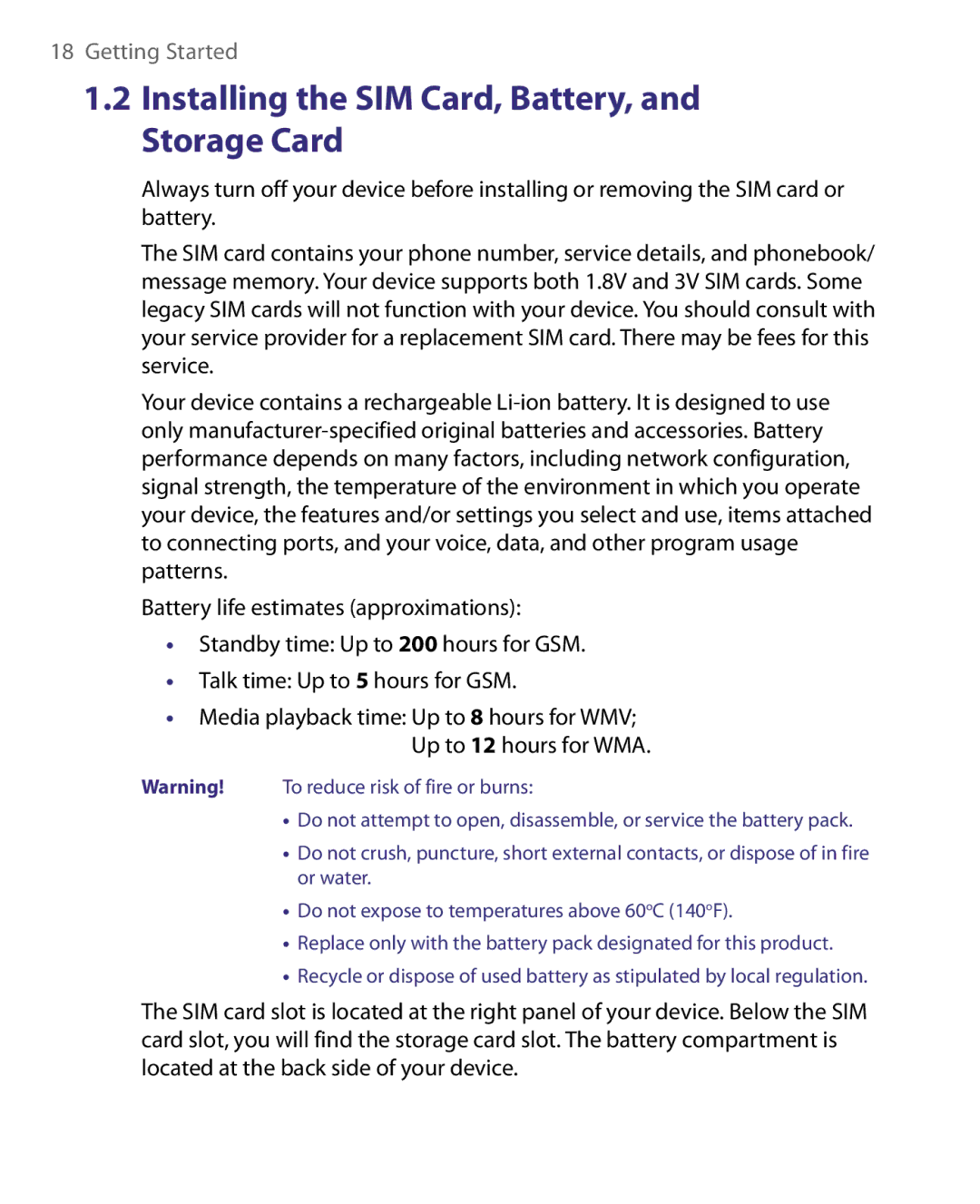 HTC ELF0160 user manual Installing the SIM Card, Battery, and Storage Card 