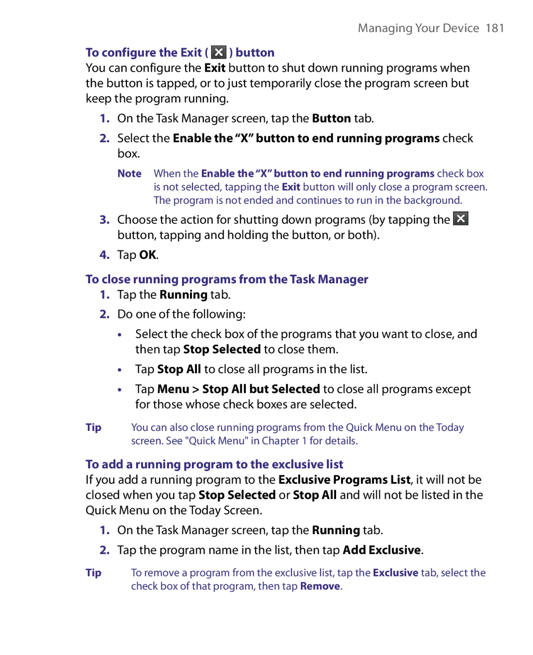 HTC ELF0160 user manual To configure the Exit button, To close running programs from the Task Manager 