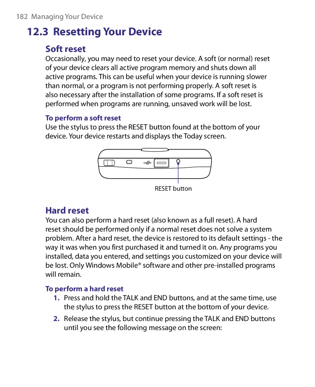 HTC ELF0160 user manual Soft reset, Hard reset, To perform a soft reset, To perform a hard reset 