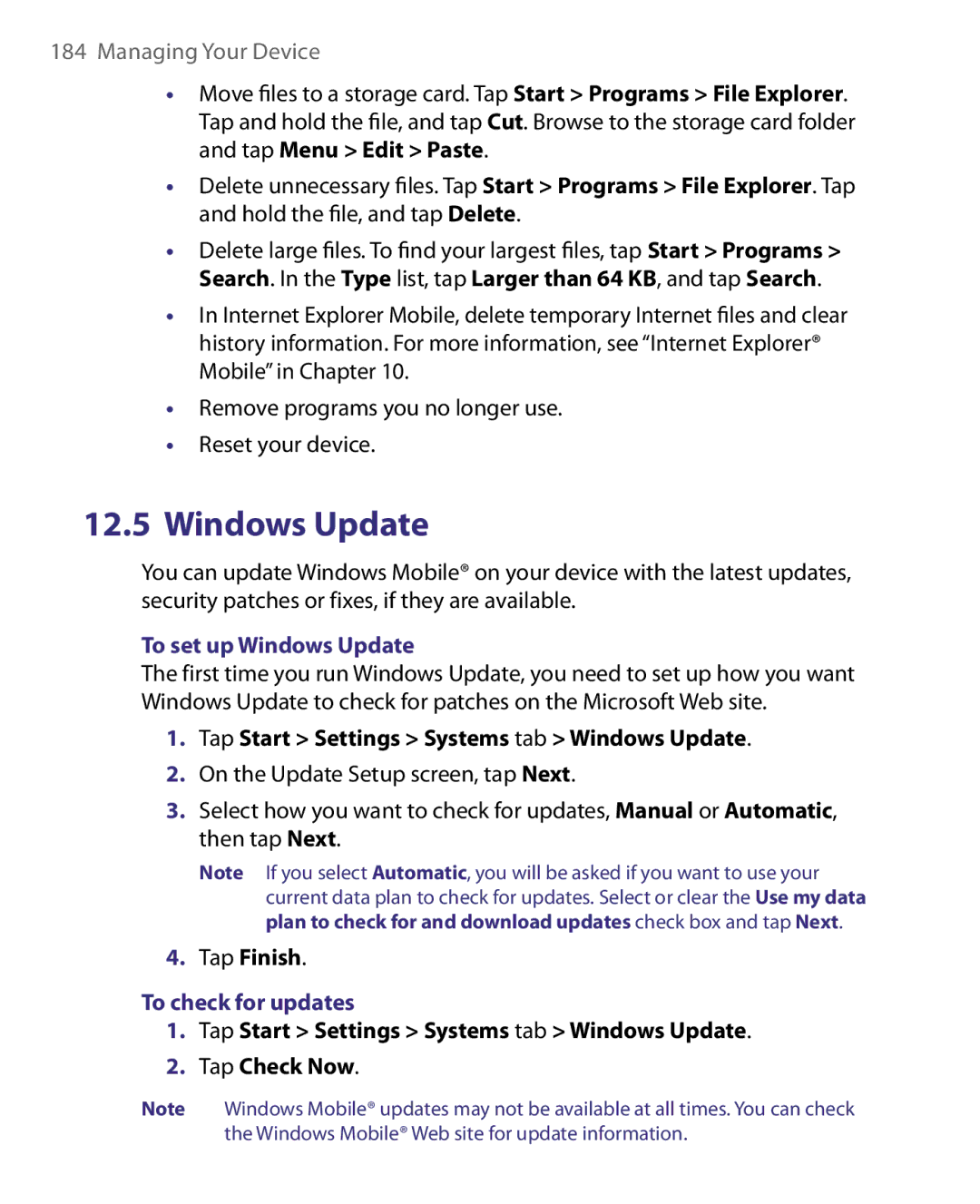 HTC ELF0160 user manual To set up Windows Update, Tap Start Settings Systems tab Windows Update, To check for updates 