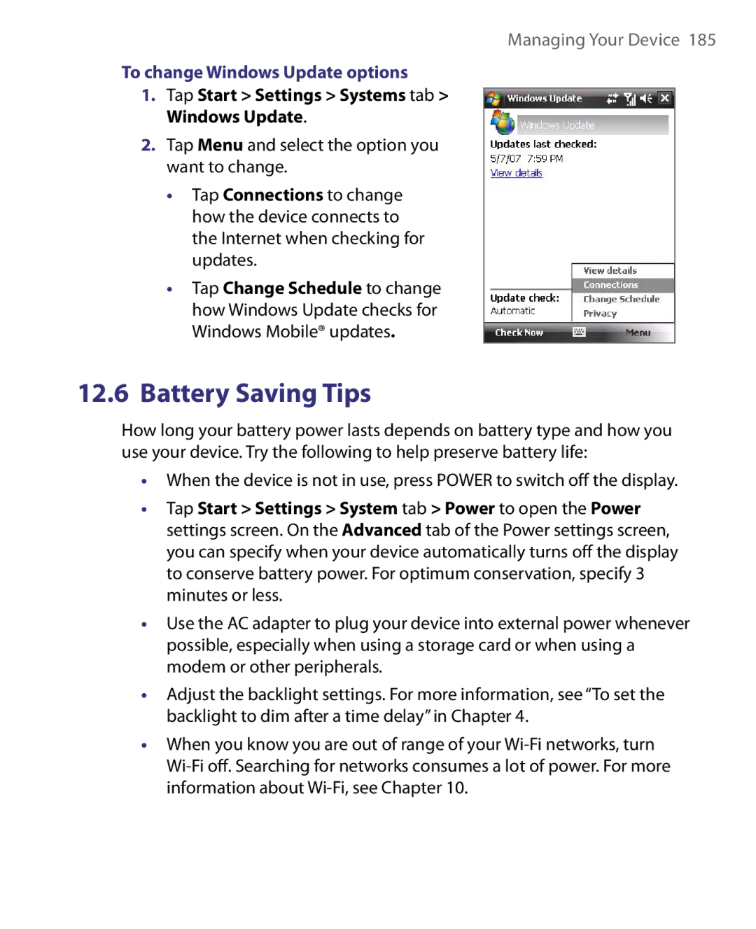 HTC ELF0160 user manual To change Windows Update options, Tap Menu and select the option you want to change 