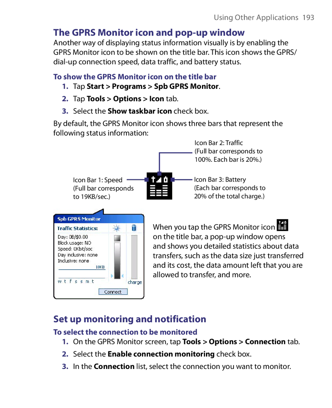 HTC ELF0160 user manual Gprs Monitor icon and pop-up window, Set up monitoring and notification 