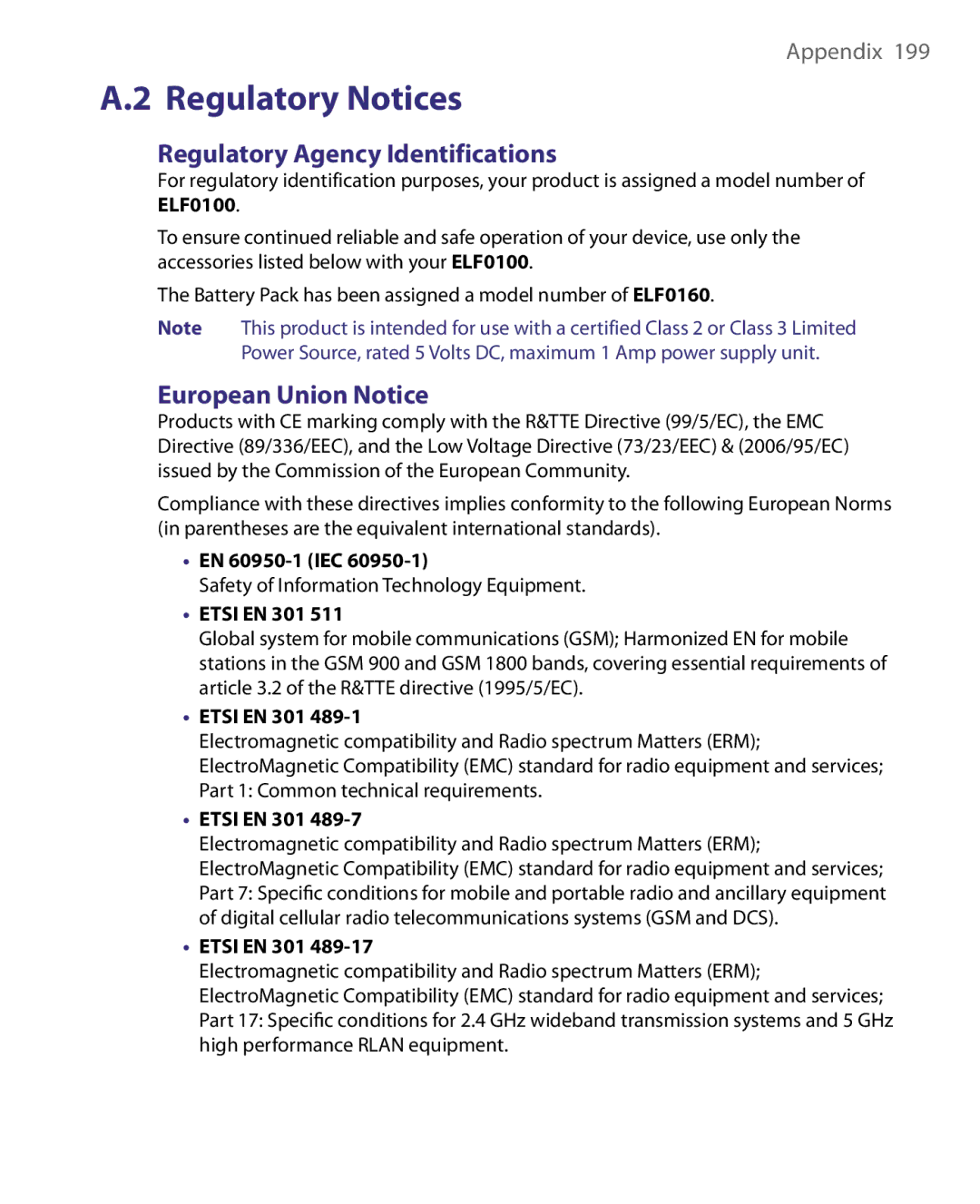 HTC ELF0160 user manual Regulatory Agency Identifications 