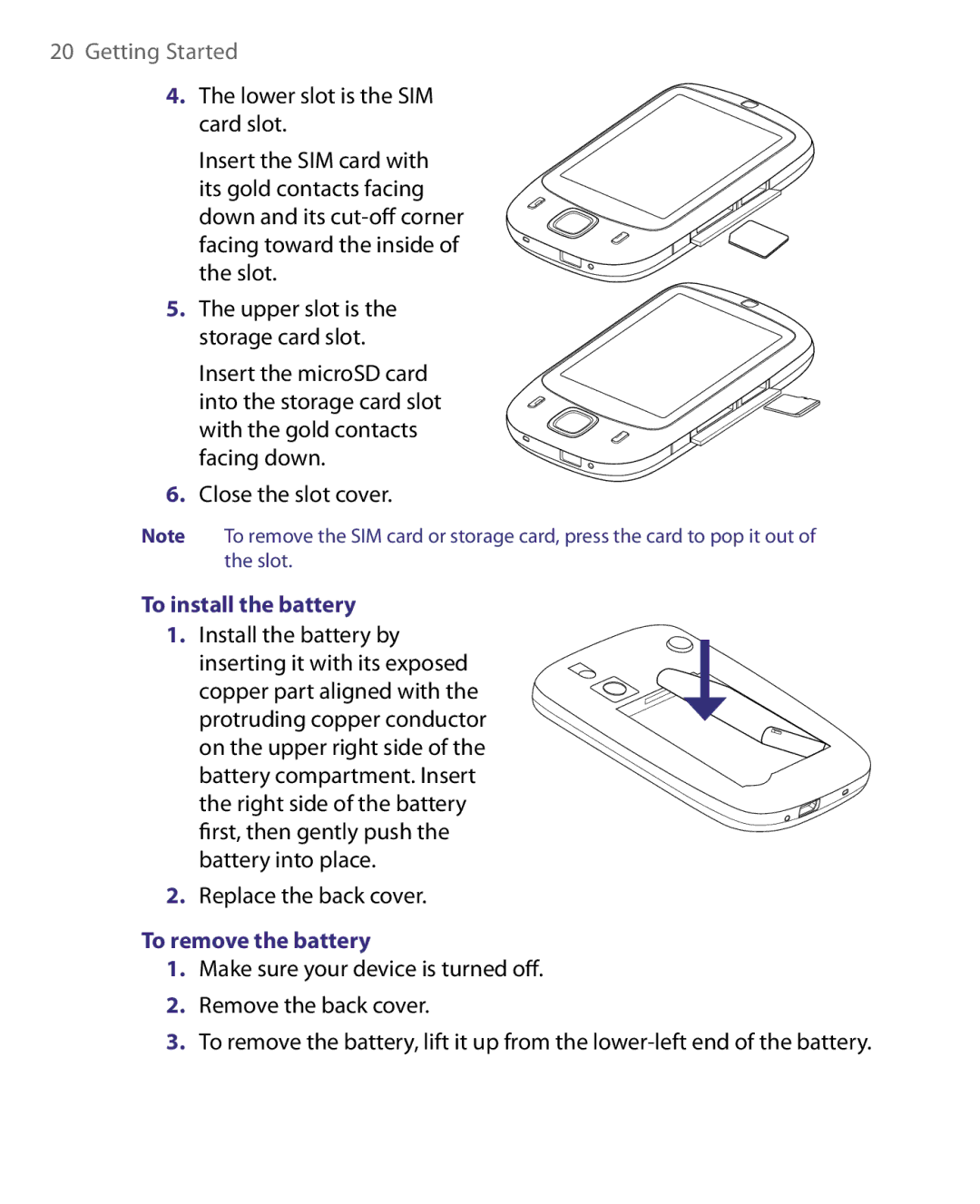 HTC ELF0160 user manual To install the battery, Replace the back cover, To remove the battery 