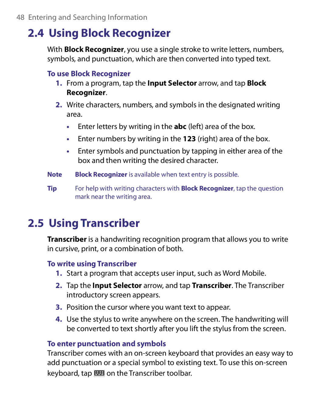 HTC ELF0160 user manual To use Block Recognizer, To write using Transcriber, To enter punctuation and symbols 