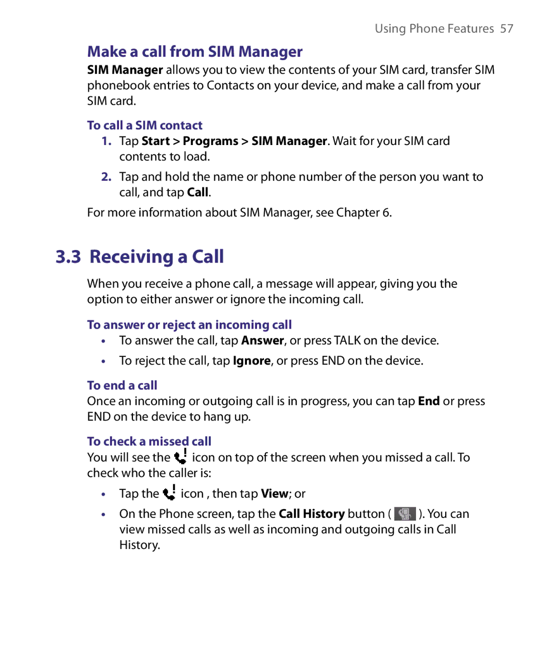 HTC ELF0160 Make a call from SIM Manager, To call a SIM contact, To answer or reject an incoming call, To end a call 