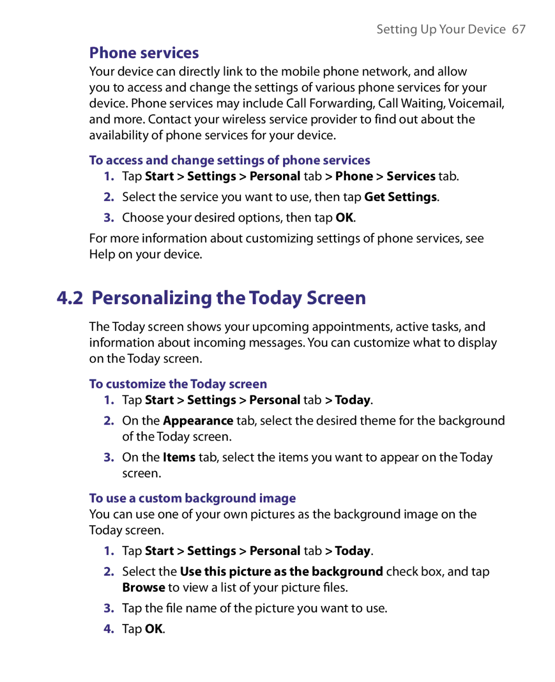 HTC ELF0160 user manual Phone services, To access and change settings of phone services, To customize the Today screen 