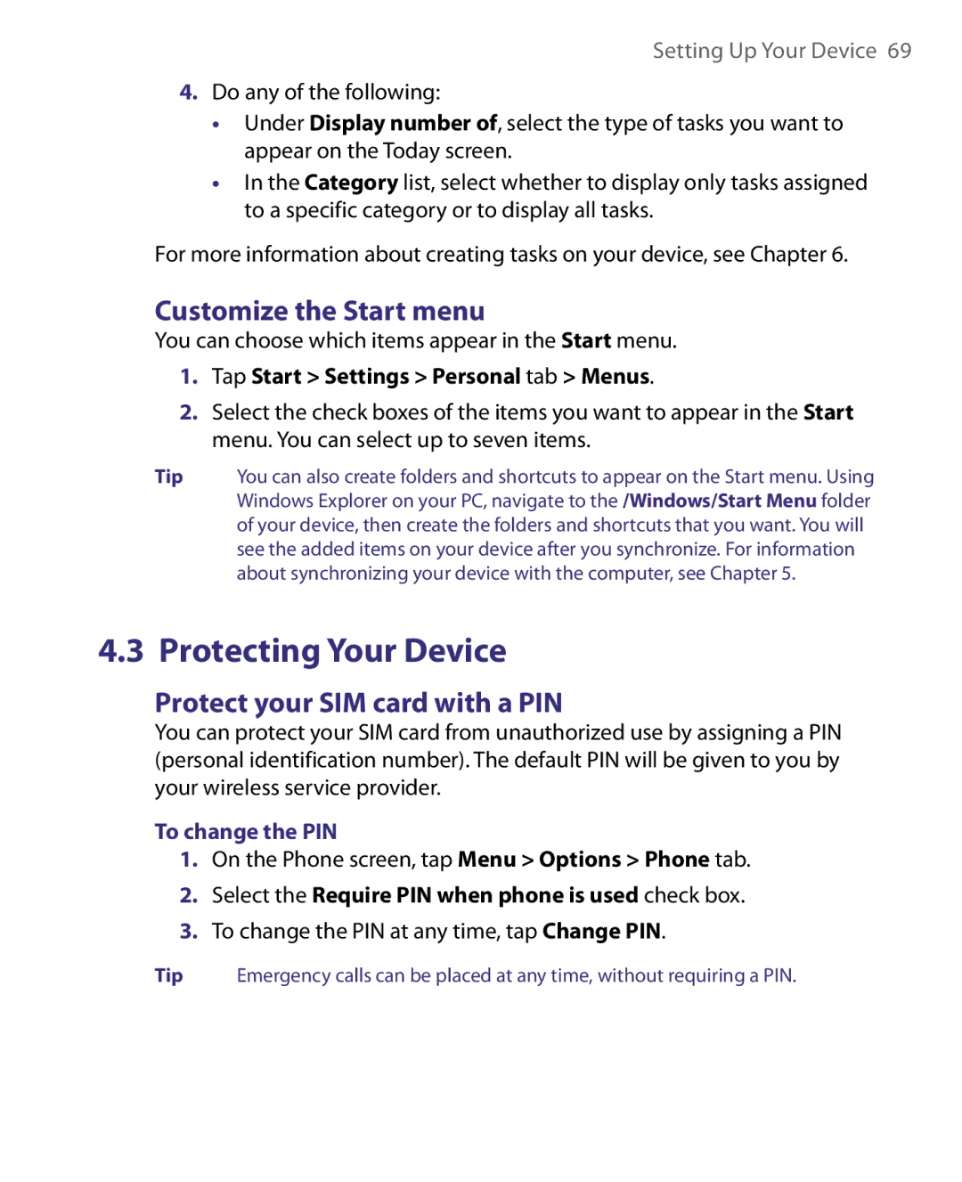 HTC ELF0160 user manual Customize the Start menu, Protect your SIM card with a PIN, Tap Start Settings Personal tab Menus 