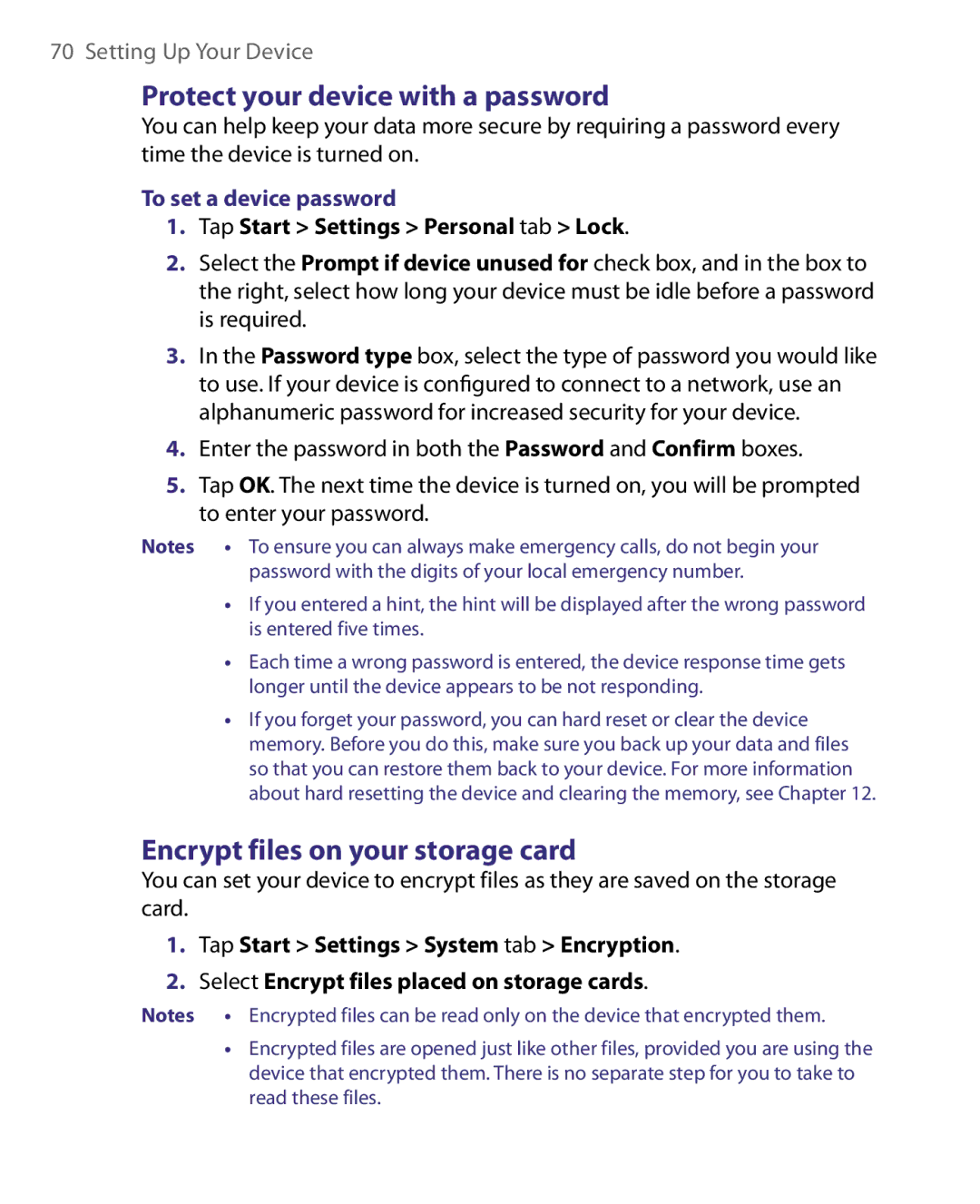 HTC ELF0160 user manual Protect your device with a password, Encrypt files on your storage card, To set a device password 