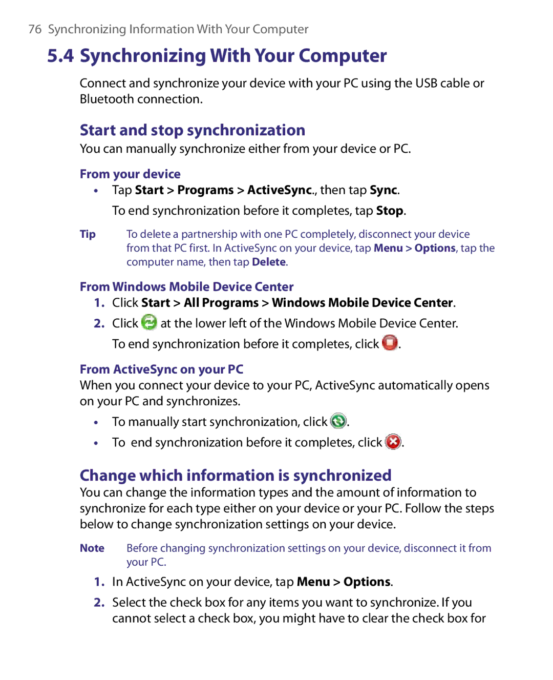 HTC ELF0160 Synchronizing With Your Computer, Start and stop synchronization, Change which information is synchronized 