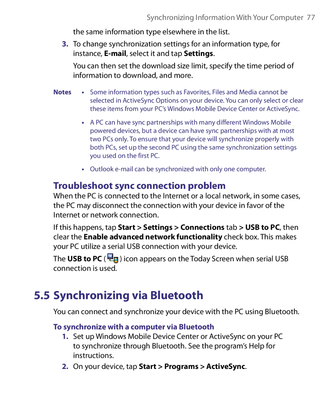 HTC ELF0160 user manual Troubleshoot sync connection problem, To synchronize with a computer via Bluetooth 