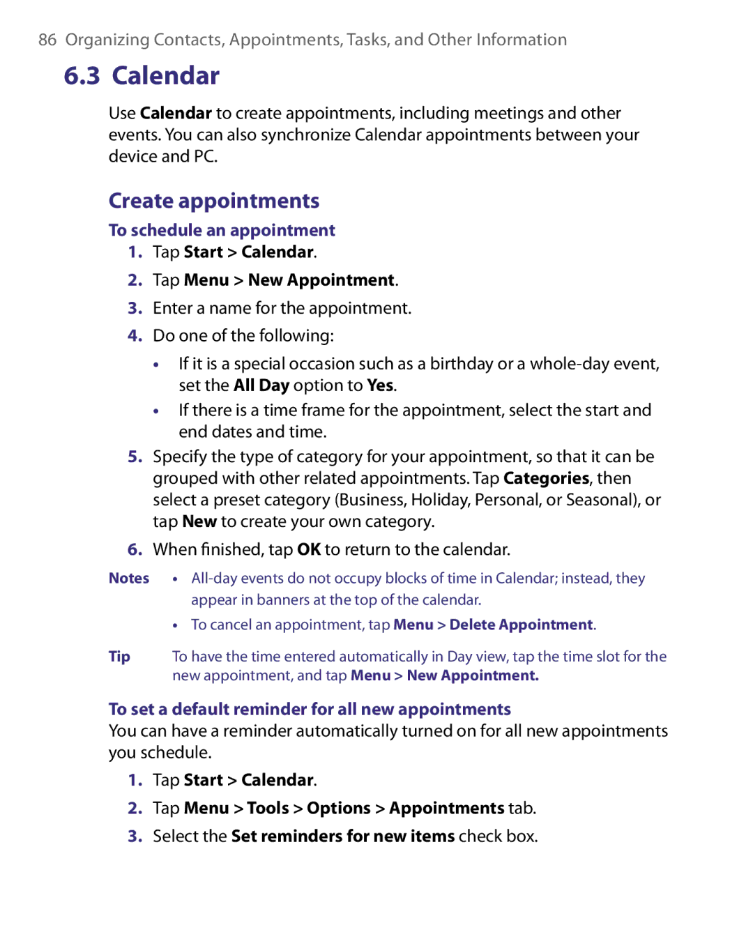 HTC ELF0160 user manual Create appointments, To schedule an appointment, Tap Start Calendar Tap Menu New Appointment 