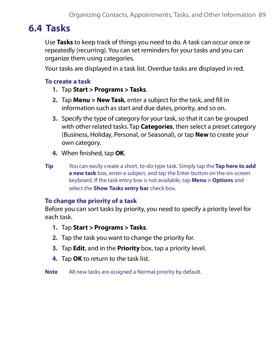 HTC ELF0160 user manual To create a task, Tap Start Programs Tasks, To change the priority of a task 