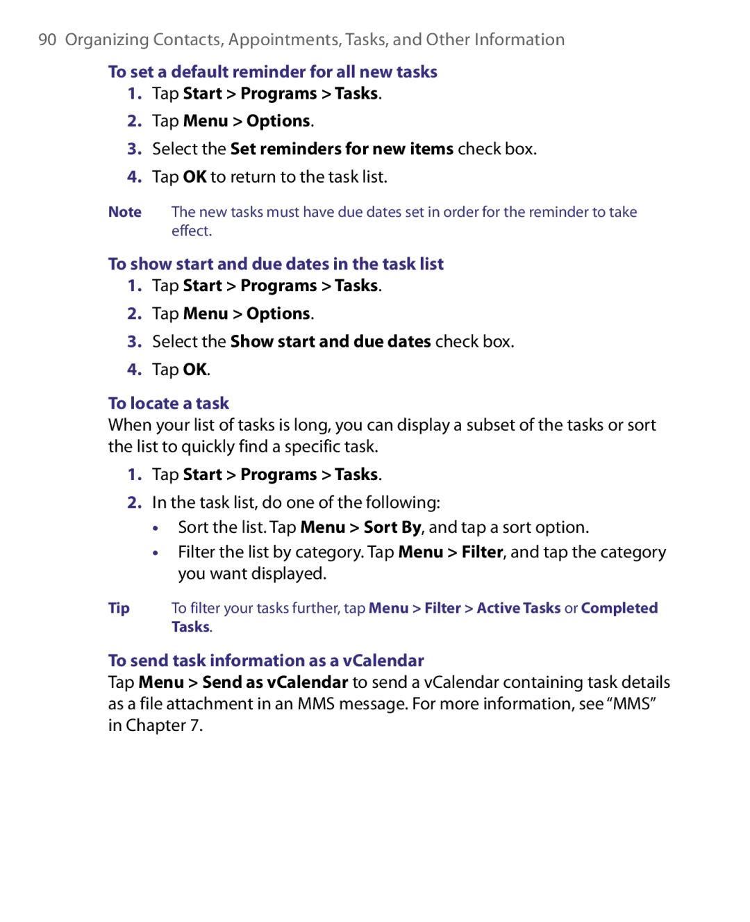 HTC ELF0160 To set a default reminder for all new tasks, To show start and due dates in the task list, To locate a task 